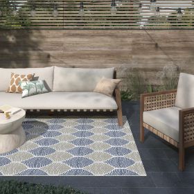 Foliage Blue; Beige Indoor / Outdoor Polypropylene Area Rug 5x8