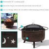 Outdoor Camping or Backyard Round Cosmic Stars and Moons Fire Pit with Cooking Grill Grate; Spark Screen; and Log Poker - 30"