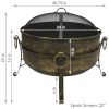 Outdoor Camping or Backyard Round Cauldron Fire Pit with Spark Screen; Log Poker; and Metal Wood Grate - 24"