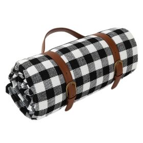 150*200cm Picnic Camping Bay Play Mat Plaid Blanket Moisture-proof Outdoor Picnic Mattress Beach Mat Cushion with Leather Strap (Color: Black)