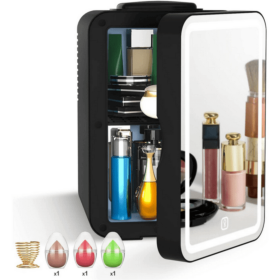 Mini Fridge 6L Portable Beauty Makeup Skincare Fridge Cosmetic LED Mirror Refrigerator with 3pcs Makeup Sponge (Color: Black)